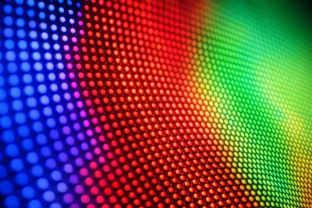 Close-up of DVLED pixel pitch showing red, green, and blue LEDs forming a high-resolution direct view LED display
