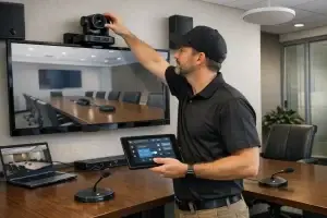 AV technician testing a conference room video conferencing camera, microphones, display, speakers, and touch panel during preventive maintenance.