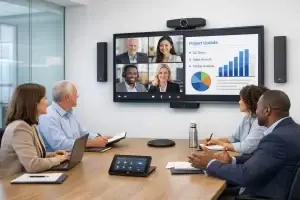 Professionals using a modern conference room for a hybrid meeting with reliable video conferencing, shared content, microphones, speakers, and touch panel controls.